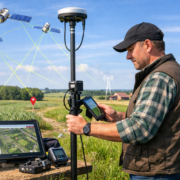 Landwirt steht auf einem einem Feld mit einer Messstange in der Hand und vor im ein Laptop auf dem Daten ausgelesen werden.